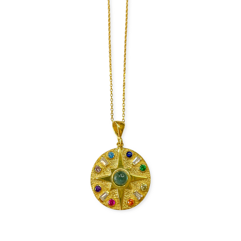 Compass Star and CZ necklace with gemstone center